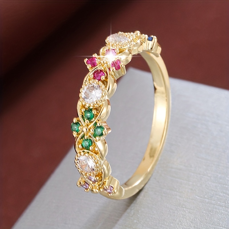 Floral Geometric Women's Ring with Oval Cut Stone & Multicolor Zirconia